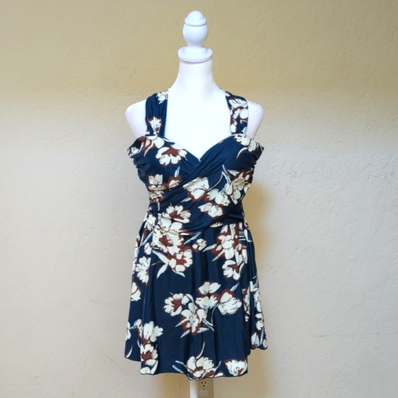 Cocopear Crossover Padded One Piece Blue Floral Skirted Swimsuit Size Large - Picture 4 of 13